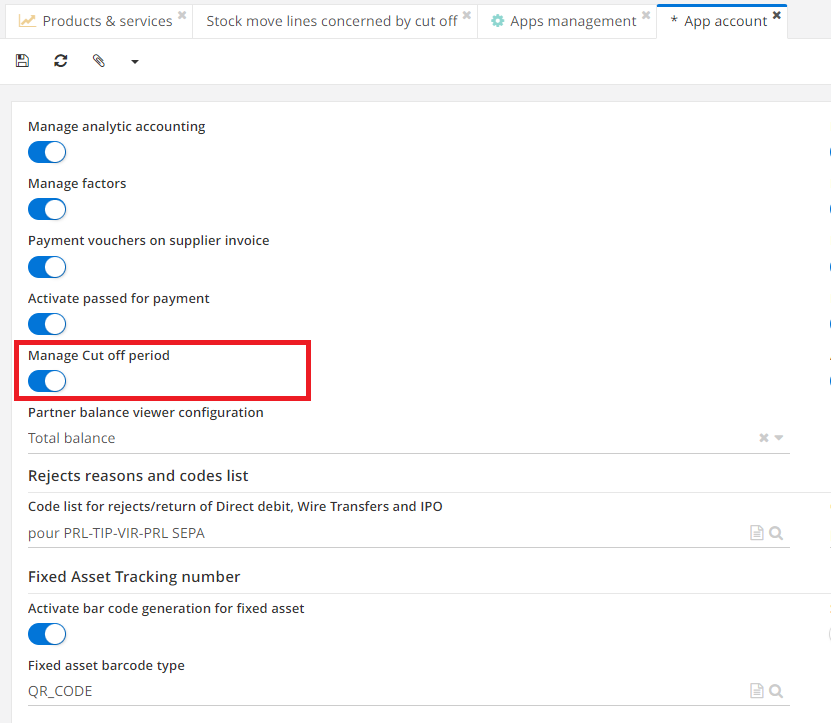 1.5 Application Config → Apps management → Accounting, Configure → On
the Accounting App page, enable the “Manage Cut off period” option.